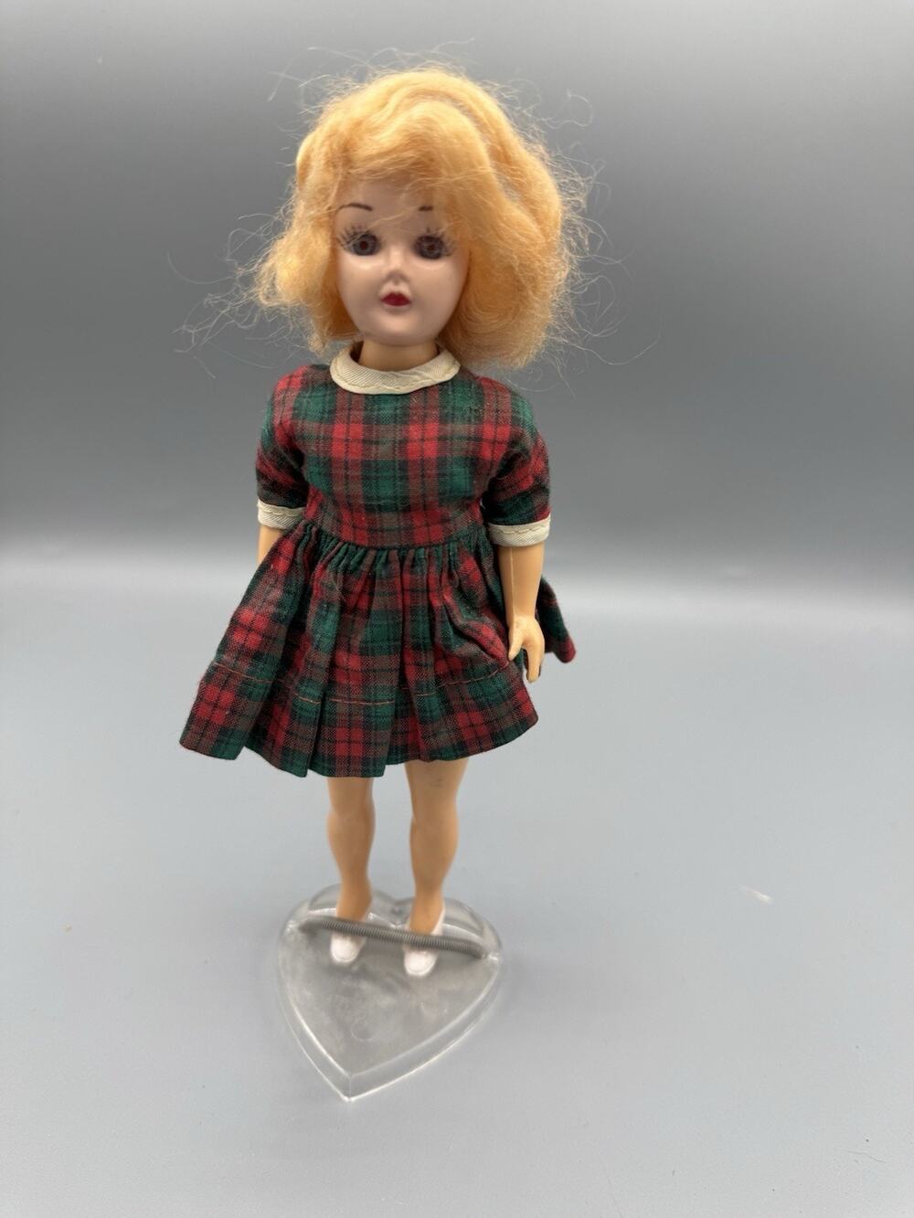 Vintage Knickerbocker Doll 8” Sleep Eyes Blonde Plaid Dress Heart Stand